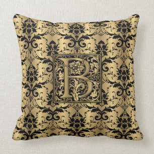 Glamourous Gold and Black Damask Print Monogram B Cushion