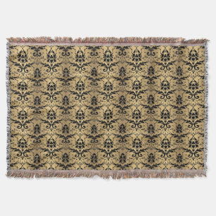 Glamourous Gold and Black Damask Print Throw Blanket
