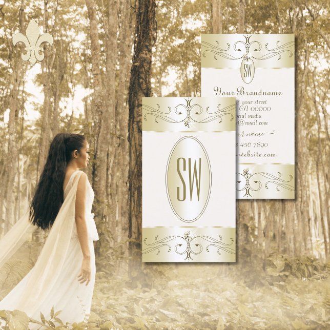 Glamourous Gold and Cream Ornate Ornaments Initial Business Card (Creator Uploaded)