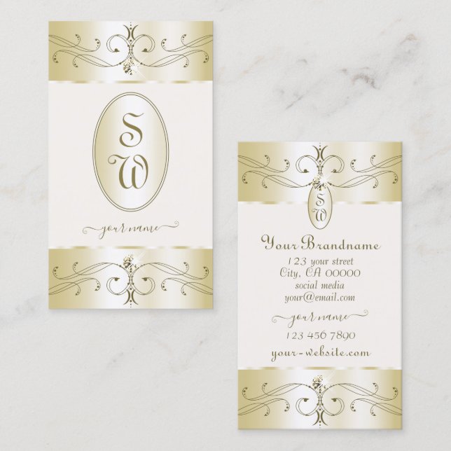 Glamourous Gold and Cream Ornate Ornaments Monogra Business Card (Front/Back)