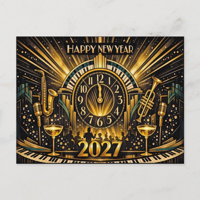 Glamourous Gold Art Deco New Year Jazz Celebration Holiday Postcard (Front)