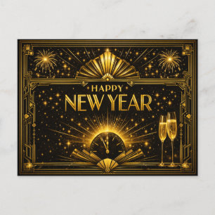 Glamourous Gold Black Art Deco New Year Holiday Postcard