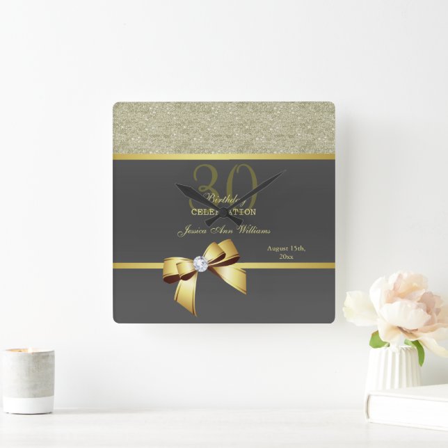 Glamourous Gold & Black Birthday   Square Wall Clock (Home)