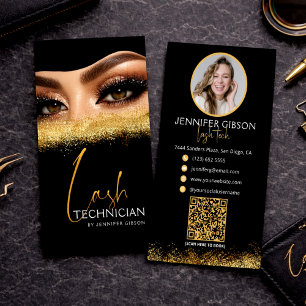Glamourous Gold & Black Lash Tech QR Code  Business Card