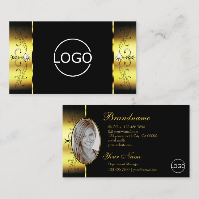 Glamourous Gold Black Squiggled Jewels Logo & Phot Business Card (Front/Back)
