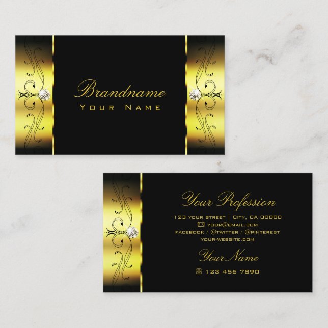 Glamourous Gold Black Squiggled Jewels Ornamental Business Card (Front/Back)