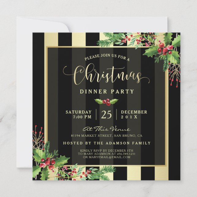 Glamourous Gold & Black Stripe Holiday Party Invit Invitation (Front)