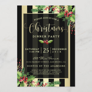 Glamourous Gold & Black Stripe Holiday Party Invit Invitation