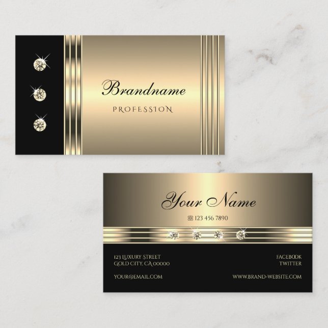 Glamourous Gold Black with Faux Rhinestones Bling Business Card (Front/Back)