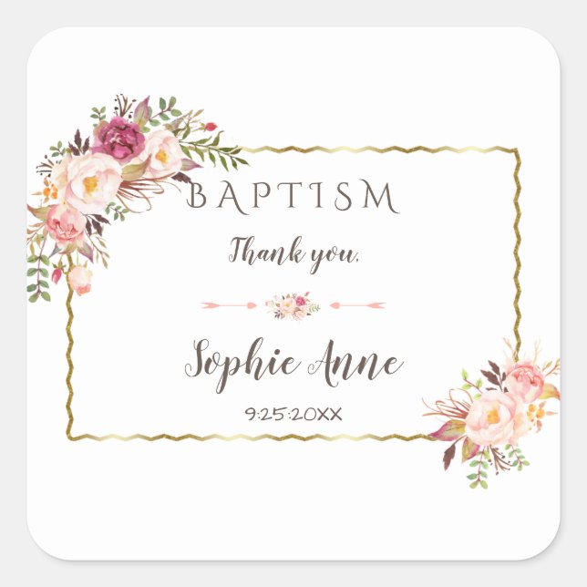Glamourous Gold Blush Pink Floral Baptism Square Sticker (Front)