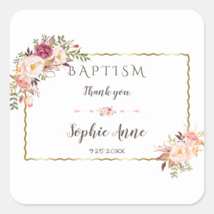 Glamourous Gold Blush Pink Floral Baptism Square Sticker