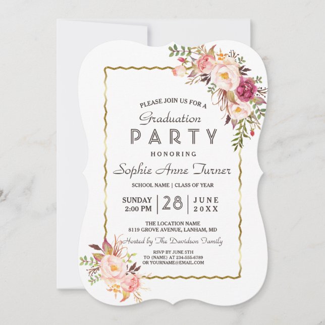 Glamourous Gold Blush Pink Floral Graduation Party Invitation (Front)