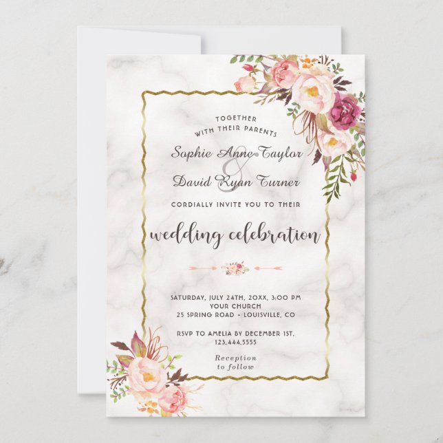 Glamourous Gold Blush Pink Floral Marble Wedding Invitation (Front)