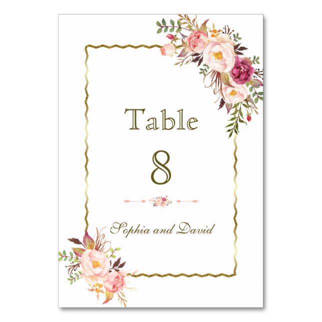 Glamourous Gold Blush Pink Floral Table Number (Front)