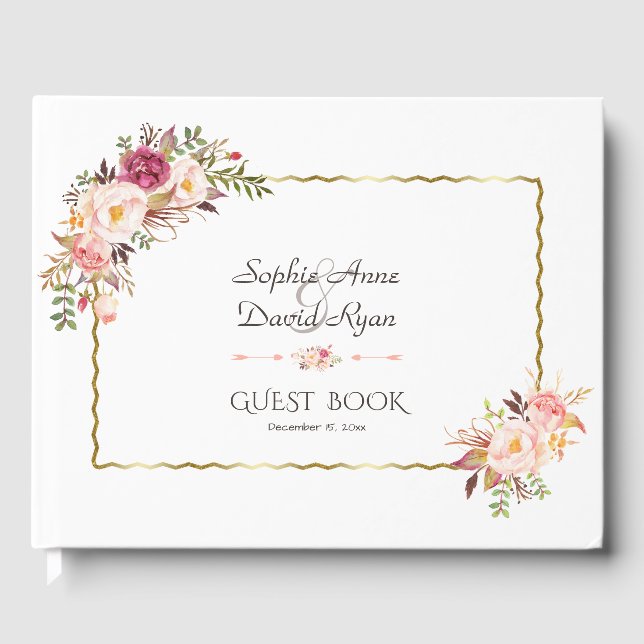 Glamourous Gold Blush Pink Floral Wedding Guest Book (Front)