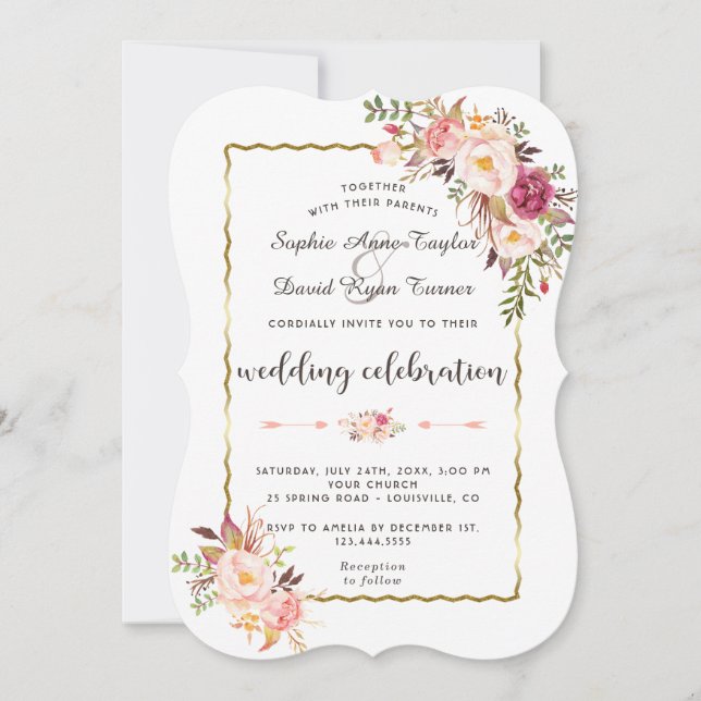 Glamourous Gold Blush Pink Floral  Wedding Invitation (Front)