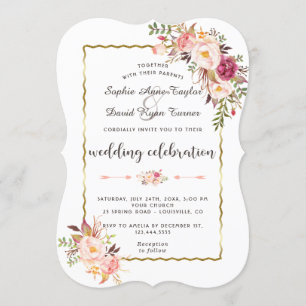 Glamourous Gold Blush Pink Floral Wedding Invitation