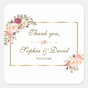 Glamourous Gold Blush Pink Floral Wedding Square Sticker
