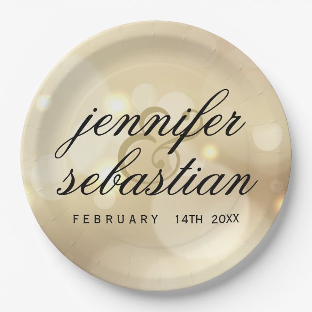 Glamourous Gold Bokeh Light monogram wedding Paper Plate (Front)