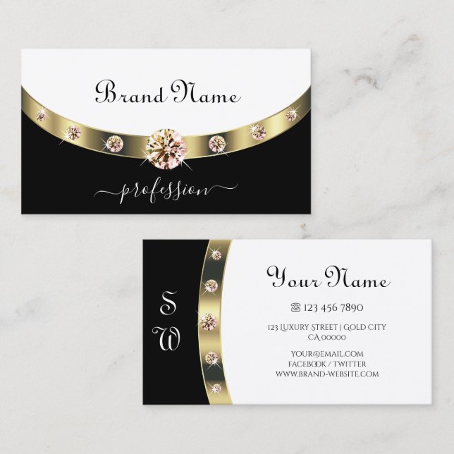Glamourous Gold Border Black and White Monogram Business Card (Front/Back)