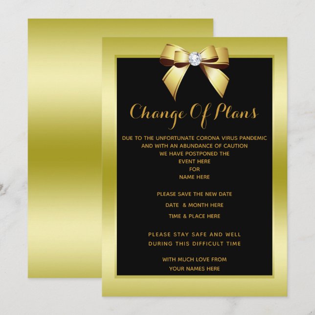 Glamourous Gold Bow & Black Change Of Plans Invitation (Front/Back)