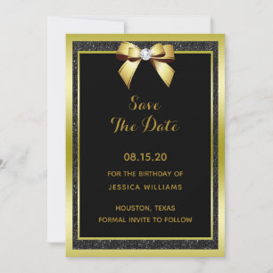 Glamourous Gold Bow & Black Glitter Save The Date