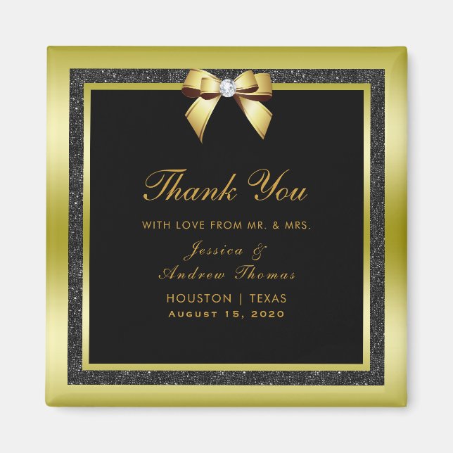 Glamourous Gold Bow & Black Glitter Wedding Magnet (Front)