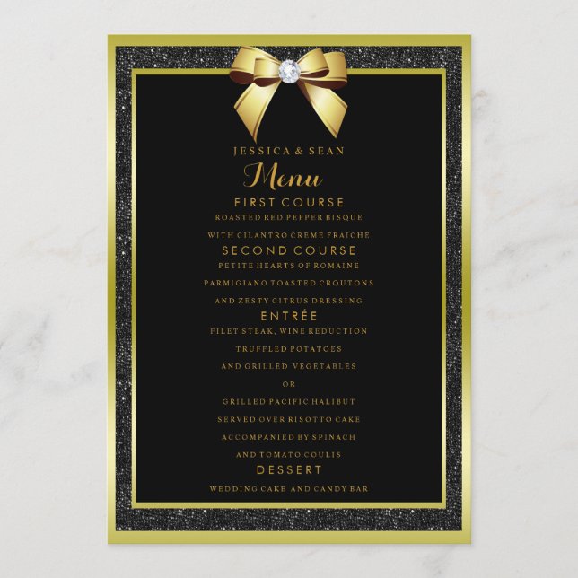 Glamourous Gold Bow & Black Glitter Wedding Menu (Front)