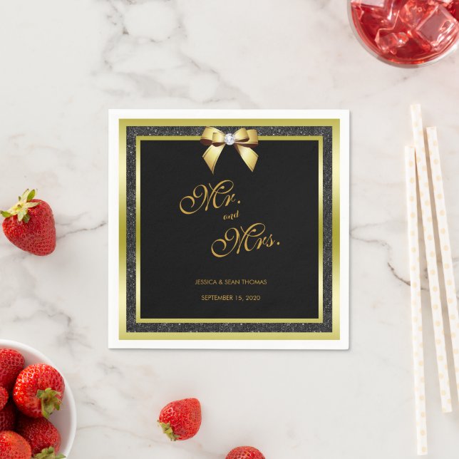 Glamourous Gold Bow & Black Glitter Wedding Napkin (Insitu)