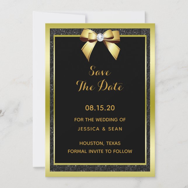 Glamourous Gold Bow & Black Glitter Wedding Save The Date (Front)