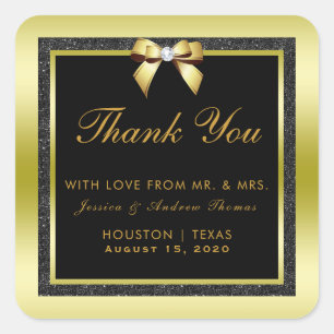 Glamourous Gold Bow & Black Glitter Wedding Square Sticker
