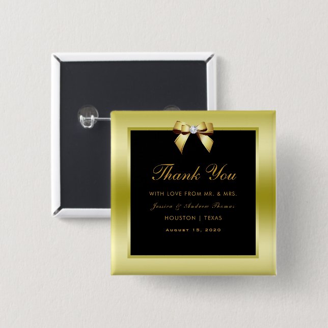 Glamourous Gold Bow & Black Wedding 15 Cm Square Badge (Front & Back)