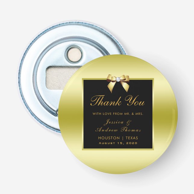 Glamourous Gold Bow & Black Wedding Bottle Opener (Front)