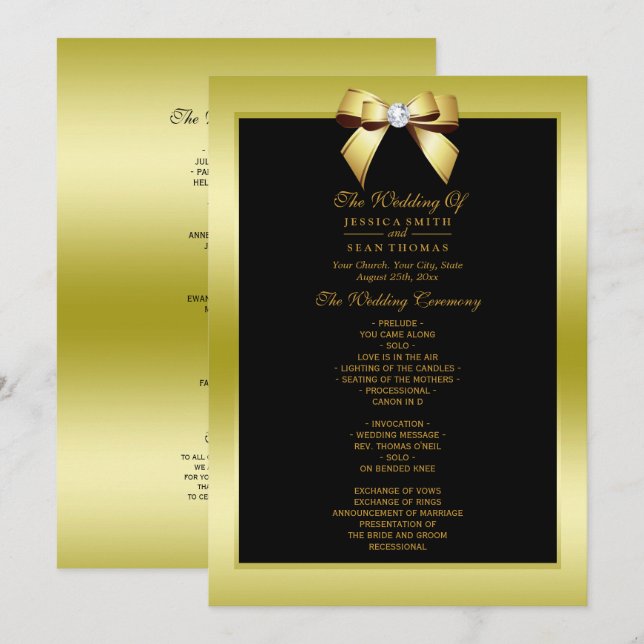 Glamourous Gold Bow & Black Wedding Program Invitation (Front/Back)
