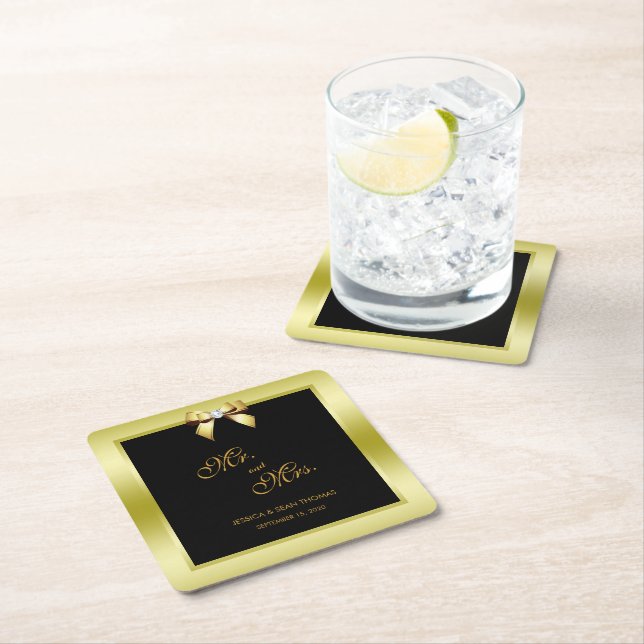 Glamourous Gold Bow & Black Wedding Square Paper Coaster (Insitu)