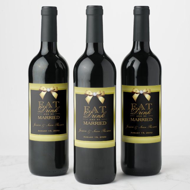 Glamourous Gold Bow & Black Wedding Wine Label (Bottles)