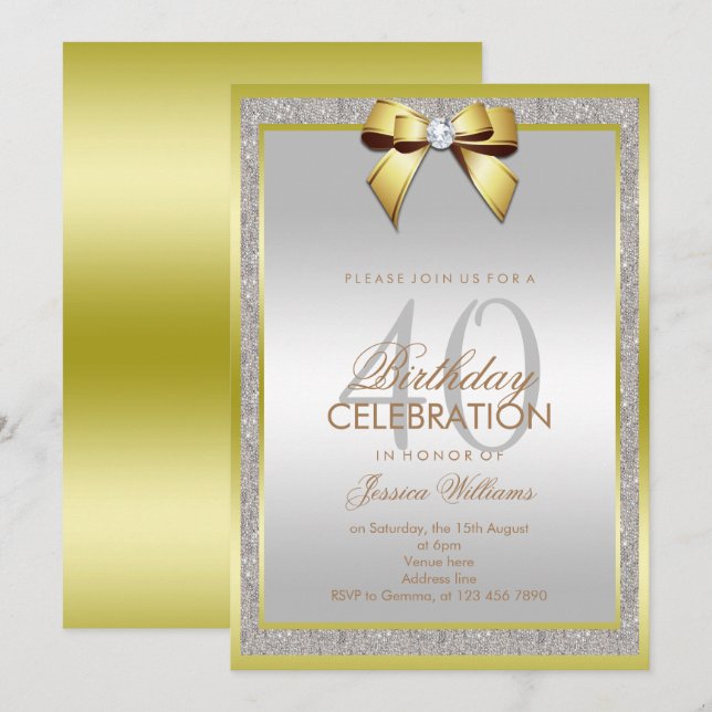 Glamourous Gold Bow & Silver Glitter 40th Birthday Invitation (Front/Back)
