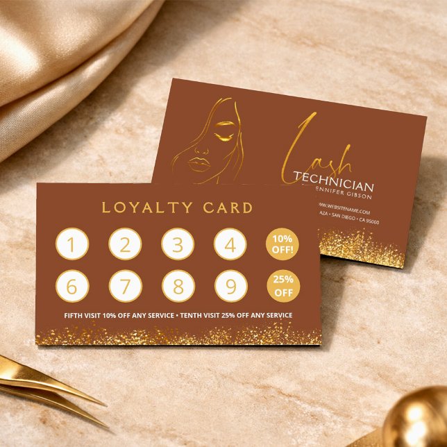 Glamourous Gold & Brown Lash Tech  Loyalty Card (Creator Uploaded)