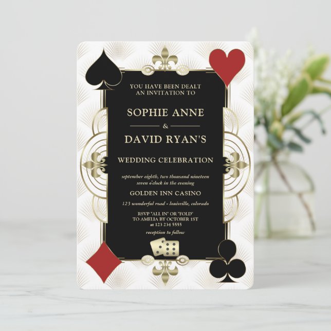 Glamourous Gold Casino Vegas Poker Wedding  Invitation (Standing Front)