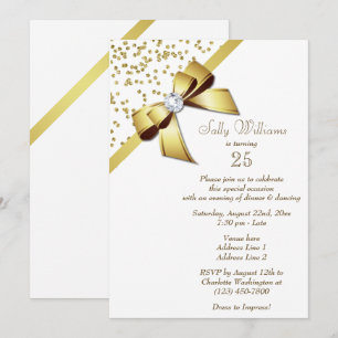 Glamourous Gold Confetti & Jewel Bow 25th Birthday Invitation