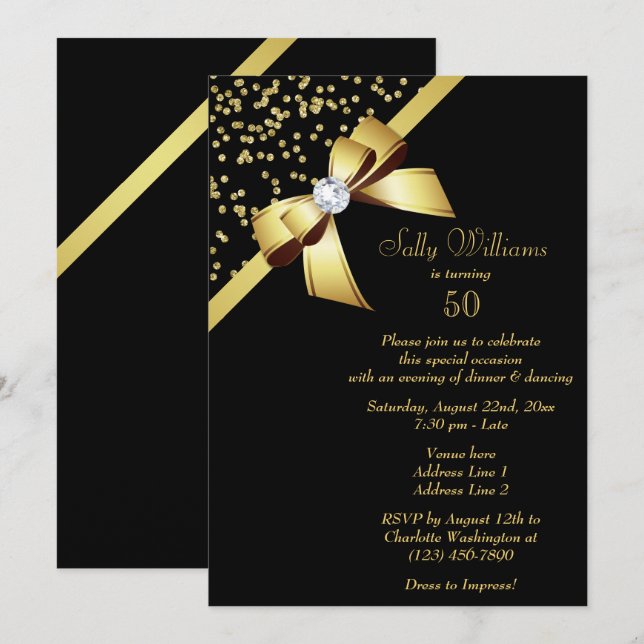 Glamourous Gold Confetti & Jewel Bow 50th Birthday Invitation (Front/Back)