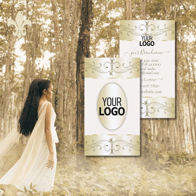 Glamourous Gold Cream Ornate Ornaments with Logo Business Card (Creator Uploaded)