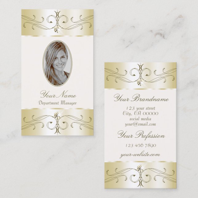 Glamourous Gold Cream Ornate Ornaments with Photo Business Card (Front/Back)