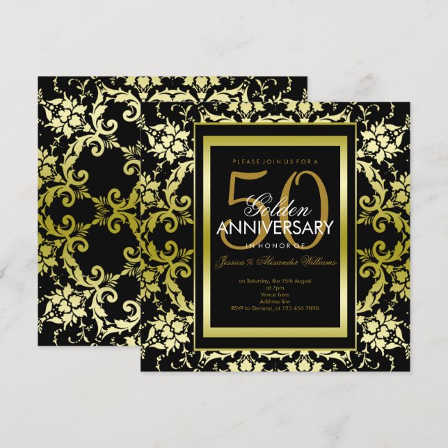 Glamourous Gold Damask 50th Wedding Anniversary Invitation (Front/Back)