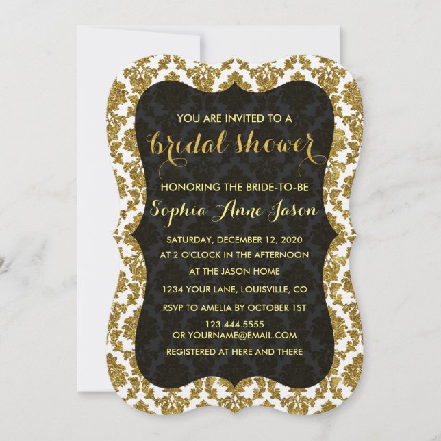 Glamourous Gold Damask Bridal Shower Invitation (Front)