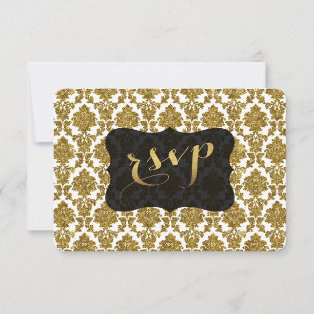 Glamourous Gold Damask Gold Foil Wedding RSVP Card (Front)