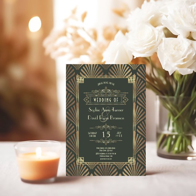 Glamourous Gold Dark Green Art Deco 1920s Wedding Invitation (Creator Uploaded)