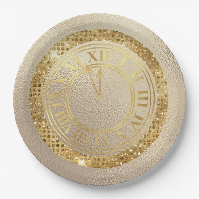 Glamourous Gold Diamonds Almost Midnight Clock Paper Plate (Front)