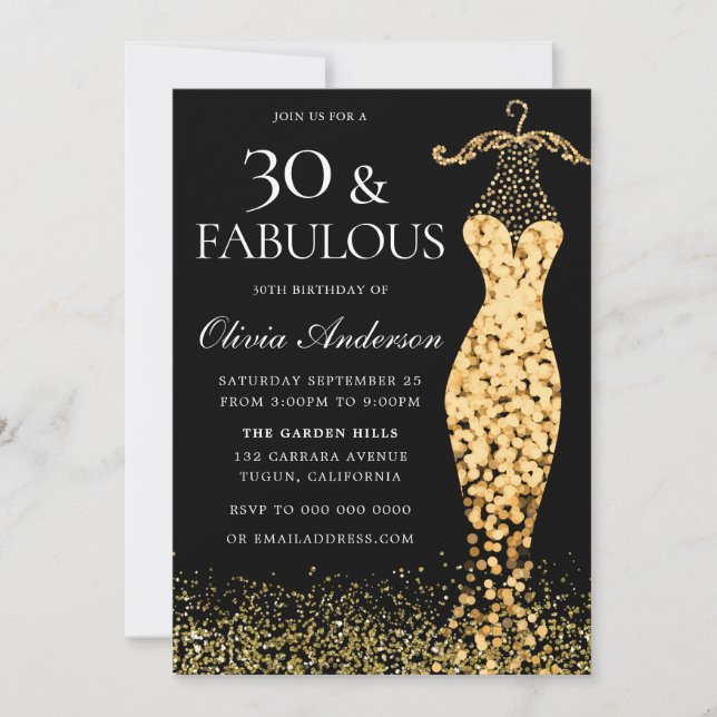 Glamourous Gold Dress Fabulous 30th Birthday Invitation (Front)