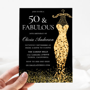 Glamourous Gold Dress Fabulous 50th Birthday Invitation